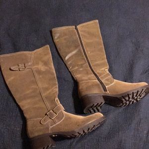 Distressed faux suede harness boots